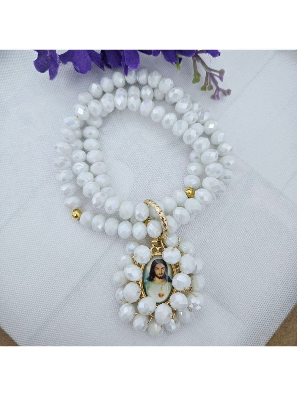 Jesus Christ Handmade White AB Faceted Stretch Bracelet Set